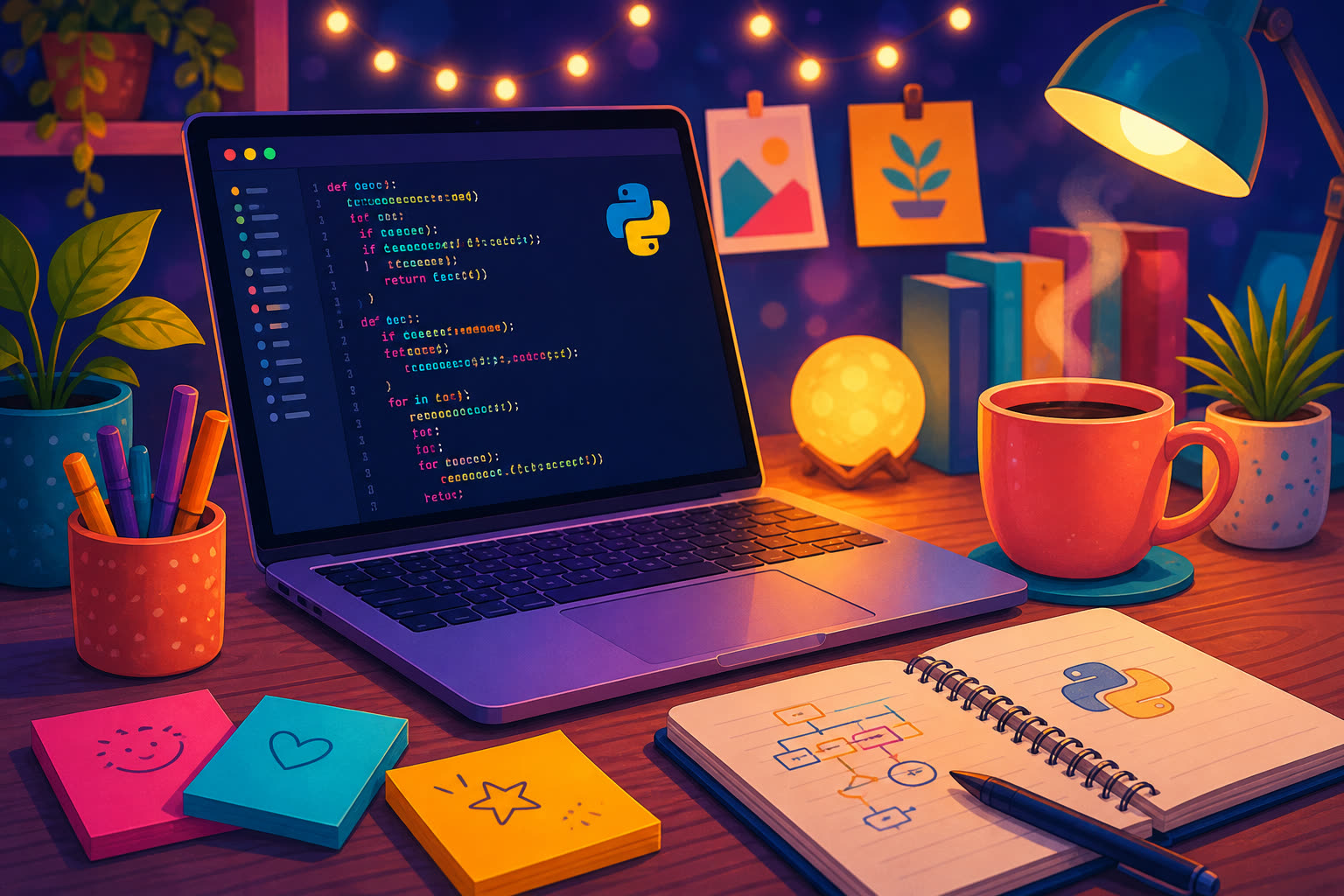 Colourful illustration of a laptop and notes for learning to code